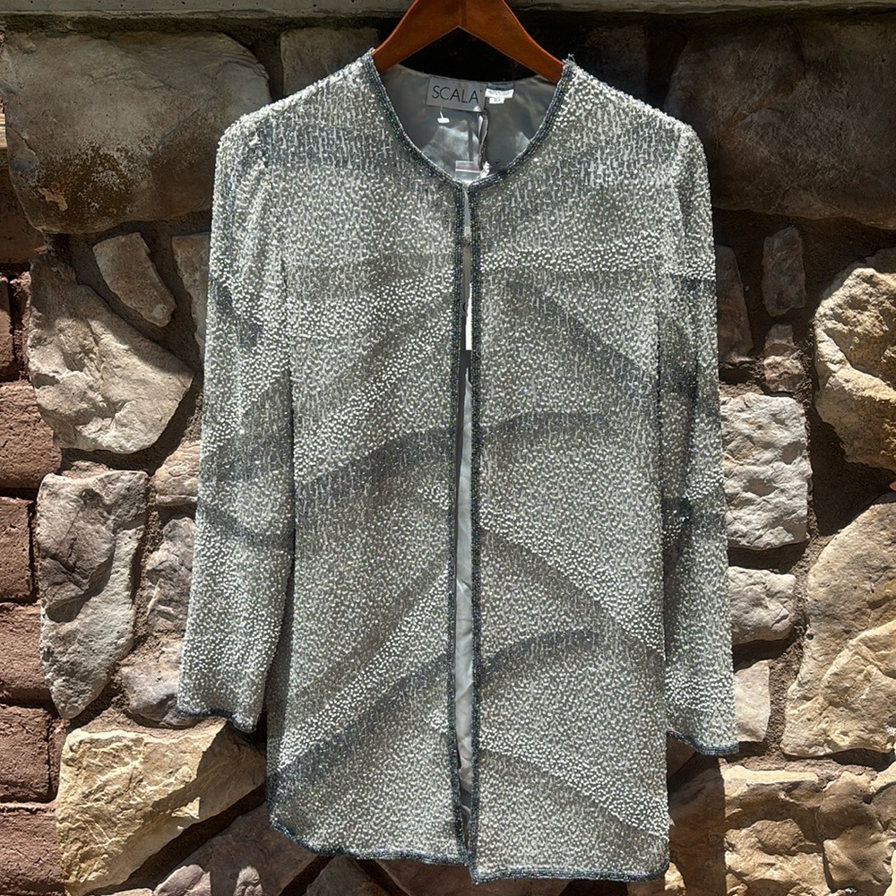 Vintage Scala Silk Beaded Jacket Evening Silver Size Medium NWT 90s Formal